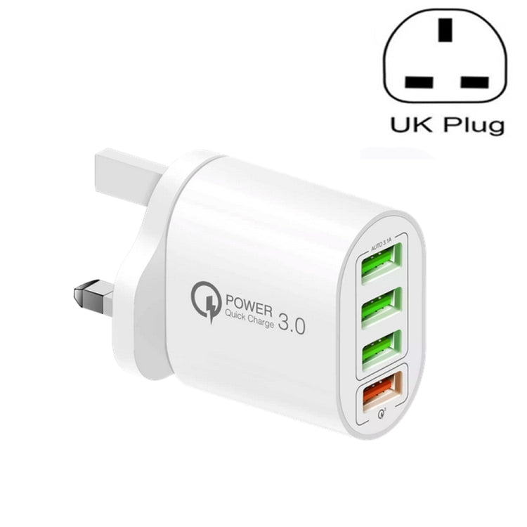 Bộ sạc đa cổng QC-04 QC3.0 + 3 x USB 2.0 cho điện thoại di động và máy tính bảng, Phích cắm UK, Phích cắm UK