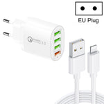 QC-04 Bộ sạc đa cổng QC3.0 + 3 x USB2.0 với cáp dữ liệu USB 3A sang 8 Pin, phích cắm EU, phích cắm EU + cáp 8 Pin