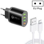 QC-04 Bộ sạc đa cổng QC3.0 + 3 x USB2.0 với cáp dữ liệu USB 3A sang 8 Pin, phích cắm EU, phích cắm EU + cáp 8 Pin