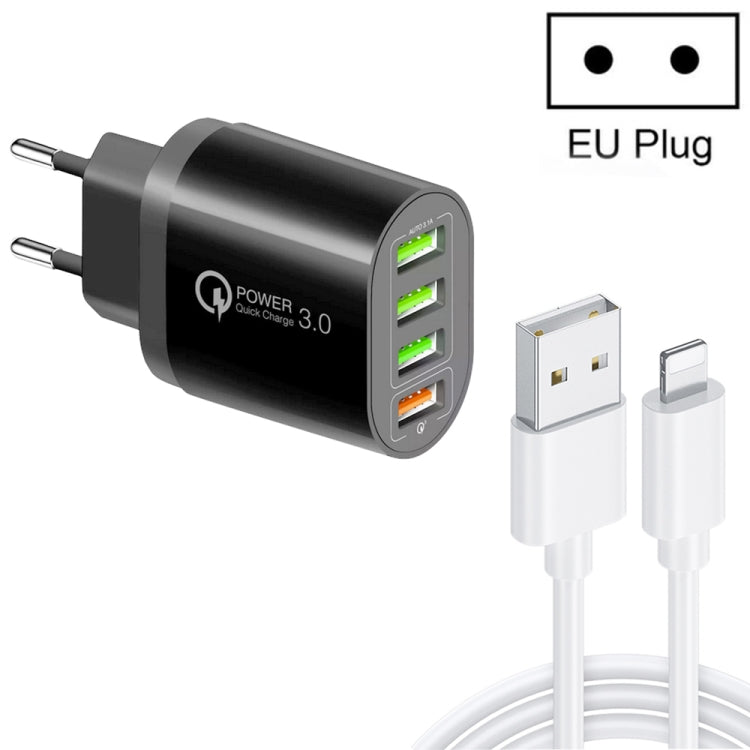 QC-04 Bộ sạc đa cổng QC3.0 + 3 x USB2.0 với cáp dữ liệu USB 3A sang 8 Pin, phích cắm EU, phích cắm EU + cáp 8 Pin