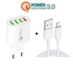 QC-04 Bộ sạc đa cổng QC3.0 + 3 x USB2.0 với cáp dữ liệu USB 3A sang 8 Pin, phích cắm EU, phích cắm EU + cáp 8 Pin