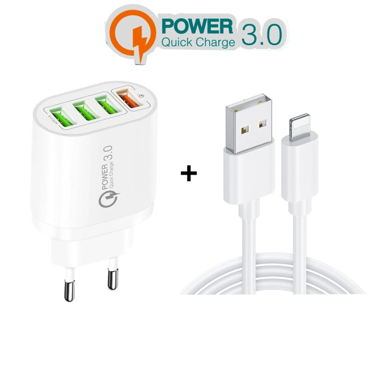 QC-04 Bộ sạc đa cổng QC3.0 + 3 x USB2.0 với cáp dữ liệu USB 3A sang 8 Pin, phích cắm EU, phích cắm EU + cáp 8 Pin