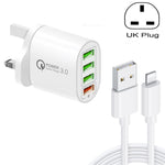 QC-04 Bộ sạc đa cổng QC3.0 + 3 x USB2.0 với cáp dữ liệu USB 3A sang 8 Pin, phích cắm UK, phích cắm UK + cáp 8 Pin