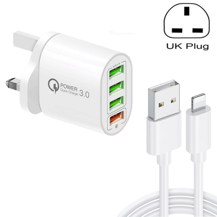 QC-04 Bộ sạc đa cổng QC3.0 + 3 x USB2.0 với cáp dữ liệu USB 3A sang 8 Pin, phích cắm UK, phích cắm UK + cáp 8 Pin
