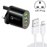 QC-04 Bộ sạc đa cổng QC3.0 + 3 x USB2.0 với cáp dữ liệu USB 3A sang 8 Pin, phích cắm UK, phích cắm UK + cáp 8 Pin