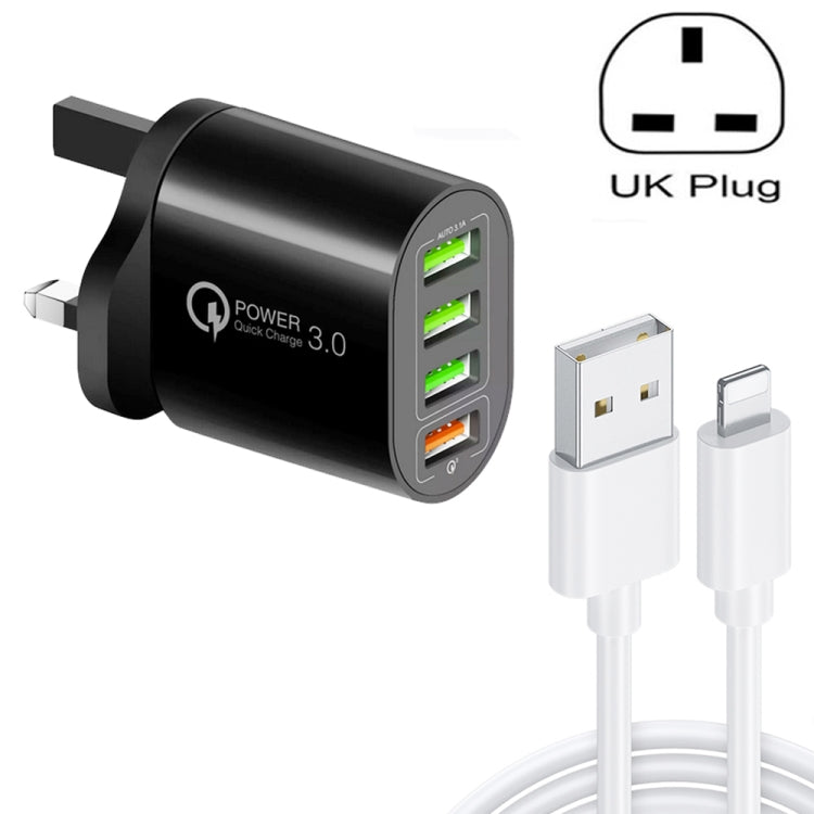 QC-04 Bộ sạc đa cổng QC3.0 + 3 x USB2.0 với cáp dữ liệu USB 3A sang 8 Pin, phích cắm UK, phích cắm UK + cáp 8 Pin