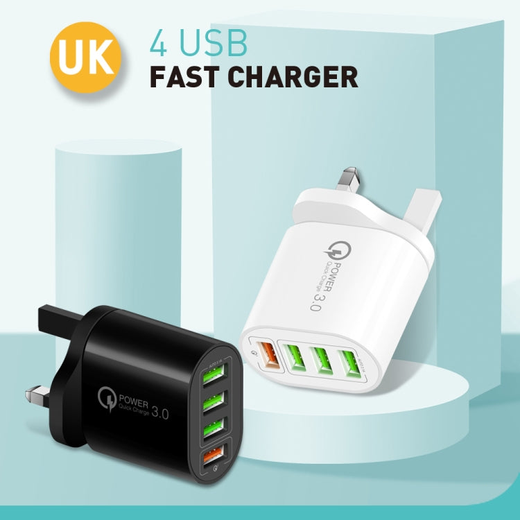 QC-04 Bộ sạc đa cổng QC3.0 + 3 x USB2.0 với cáp dữ liệu USB 3A sang 8 Pin, phích cắm UK, phích cắm UK + cáp 8 Pin