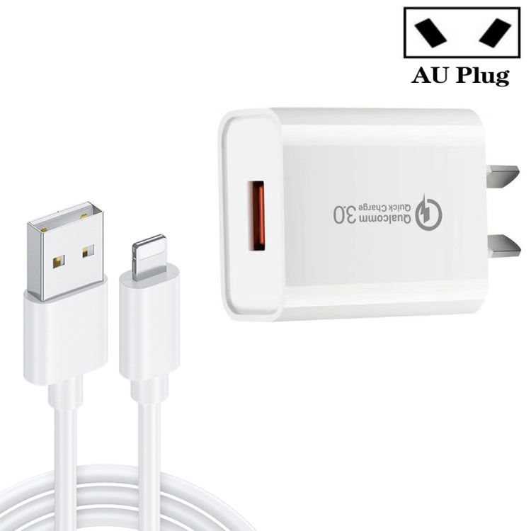 Bộ sạc nhanh CA-25 QC3.0 USB 3A với cáp dữ liệu USB sang 8 Pin, phích cắm AU, phích cắm AU + cáp 8 Pin