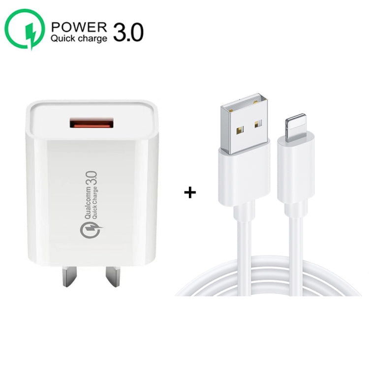 Bộ sạc nhanh CA-25 QC3.0 USB 3A với cáp dữ liệu USB sang 8 Pin, phích cắm AU, phích cắm AU + cáp 8 Pin