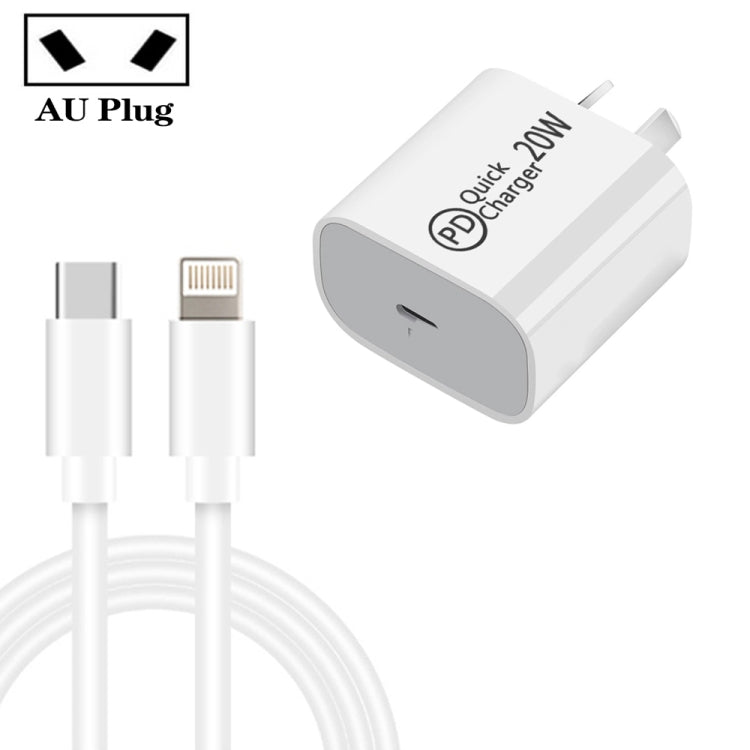 Bộ sạc du lịch AU-20W PD USB-C / Type-C với cáp dữ liệu USB-C sang 8 Pin, phích cắm AU, phích cắm AU + cáp PD 8 Pin dài 1m, phích cắm AU + cáp PD 8 Pin dài 2m