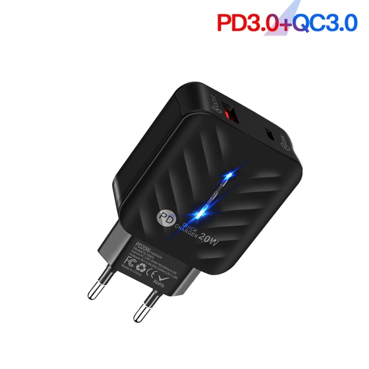 Bộ sạc PD03 20W Type-C + QC3.0 USB với đèn báo, phích cắm EU, phích cắm EU + cáp USB sang Type-C