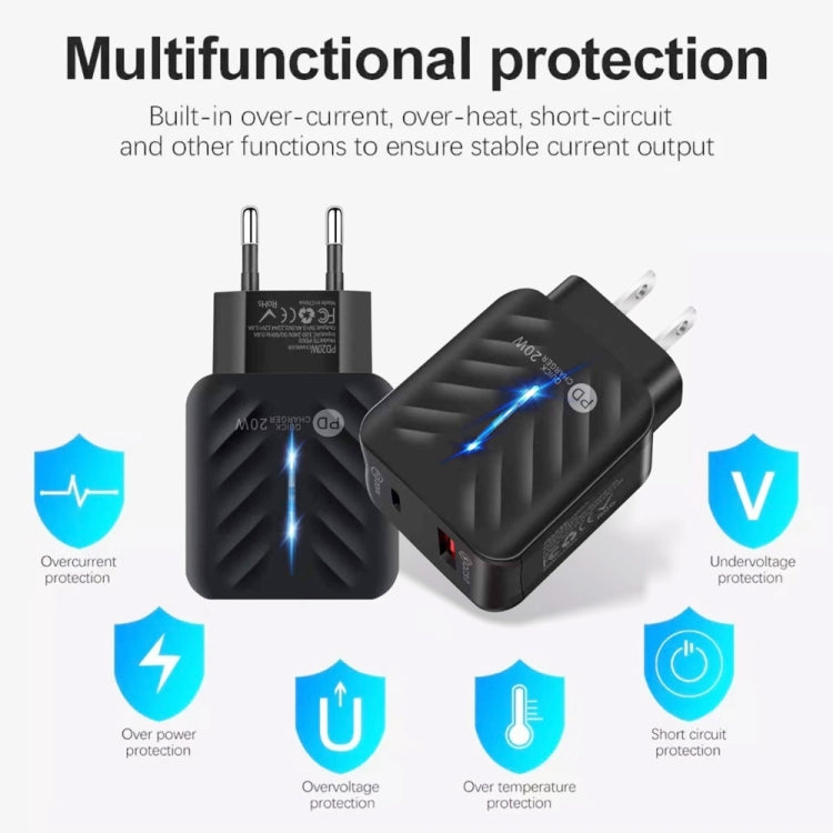 Bộ sạc PD03 20W Type-C + QC3.0 USB với đèn báo, phích cắm EU, phích cắm EU + cáp USB sang Type-C