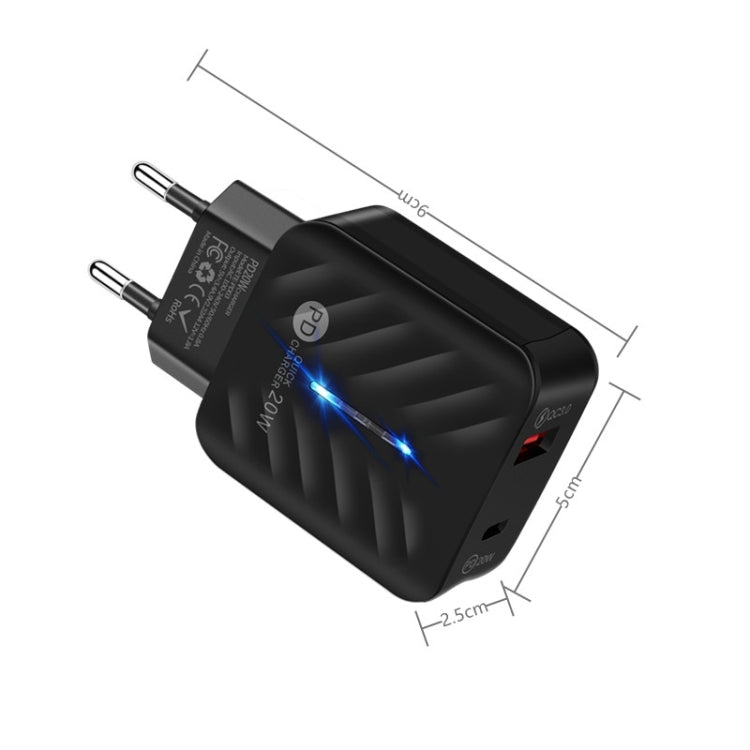 Bộ sạc PD03 20W Type-C + QC3.0 USB với đèn báo, phích cắm EU, phích cắm EU + cáp USB sang Type-C