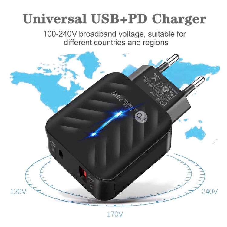 Bộ sạc PD03 20W Type-C + QC3.0 USB với đèn báo, phích cắm EU, phích cắm EU + cáp USB sang Type-C