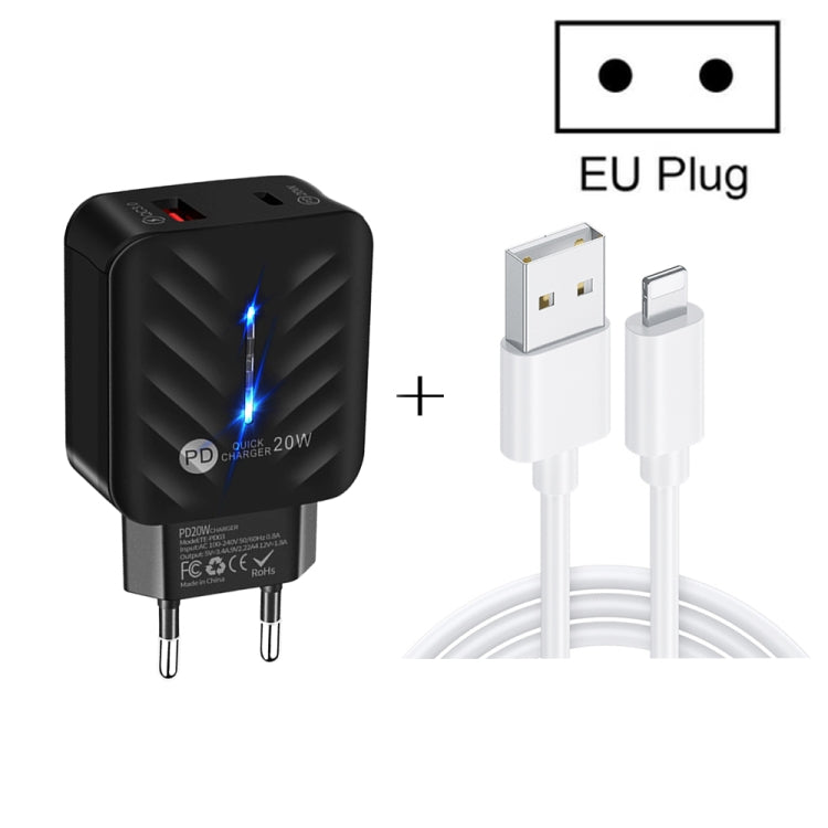 Bộ sạc PD03 20W PD3.0 + QC3.0 USB với cáp dữ liệu USB sang 8 Pin, phích cắm EU, phích cắm EU + cáp USB sang 8 Pin