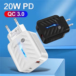 Bộ sạc PD03 20W PD3.0 + QC3.0 USB với cáp dữ liệu USB sang 8 Pin, phích cắm EU, phích cắm EU + cáp USB sang 8 Pin