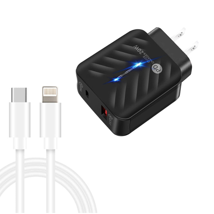 Bộ sạc PD03 20W PD3.0 + QC3.0 USB với cáp dữ liệu Type-C sang 8 Pin, phích cắm US, phích cắm US + cáp Type-C sang 8 Pin