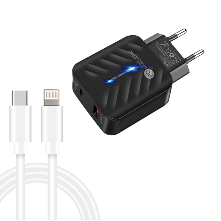 Bộ sạc PD03 20W PD3.0 + QC3.0 USB với cáp dữ liệu Type-C sang 8 Pin, phích cắm EU, phích cắm EU + cáp Type-C sang 8 Pin