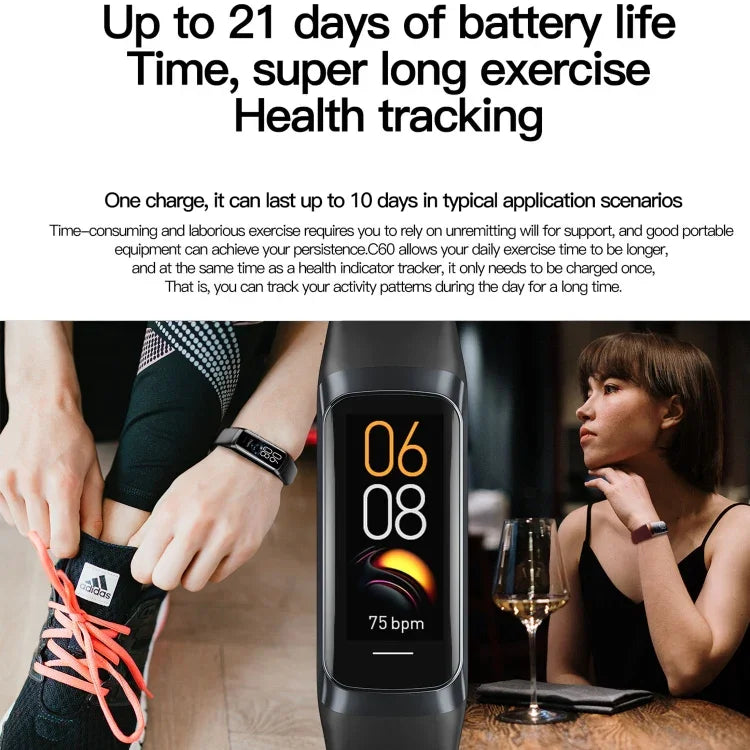C60 Vòng Đeo Thể Thao Thông Minh Chống Nước IP67 Màn Hình 1.1 inch