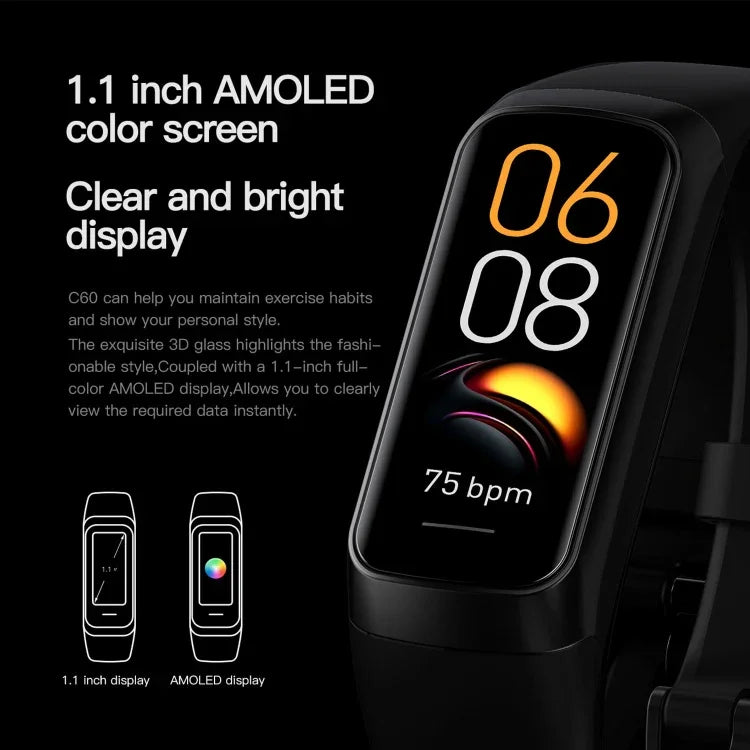 C60 Vòng Đeo Thể Thao Thông Minh Chống Nước IP67 Màn Hình 1.1 inch