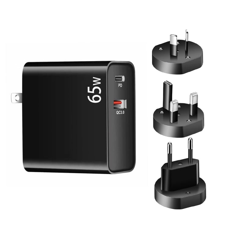 Bộ sạc laptop PD-65W USB-C / Type-C + QC3.0 USB + Bộ cáp dữ liệu USB-C / Type-C dài 2m, phích cắm EU / AU / US / UK, cáp USB-C / Type-C, phích cắm EU / AU / US / UK