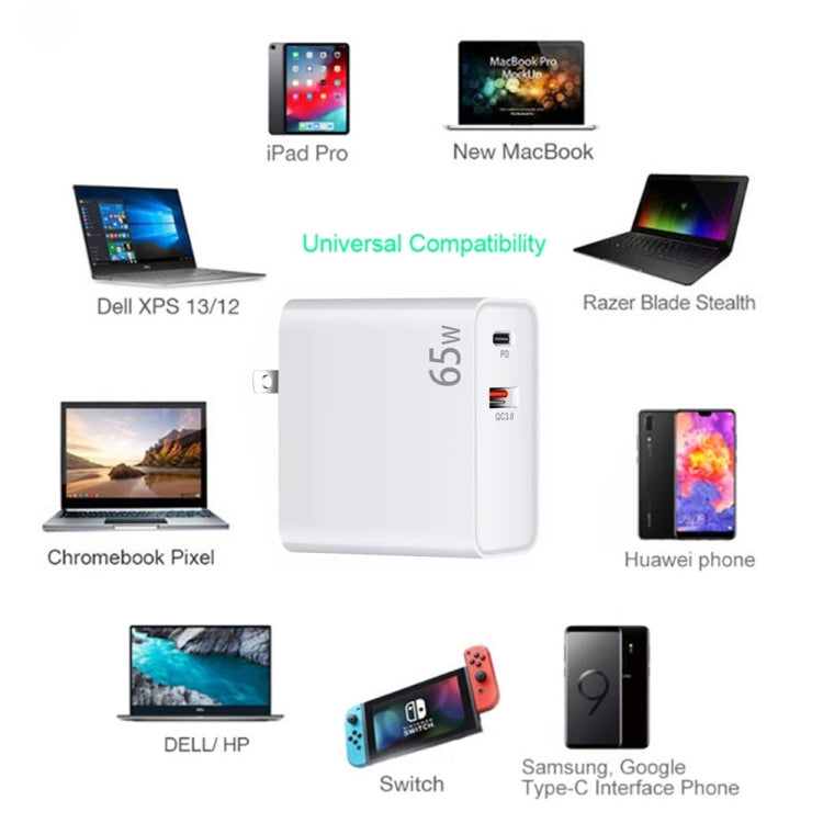 Bộ sạc laptop PD-65W USB-C / Type-C + QC3.0 USB + Bộ cáp dữ liệu USB-C / Type-C dài 2m, phích cắm EU / AU / US / UK, cáp USB-C / Type-C, phích cắm EU / AU / US / UK
