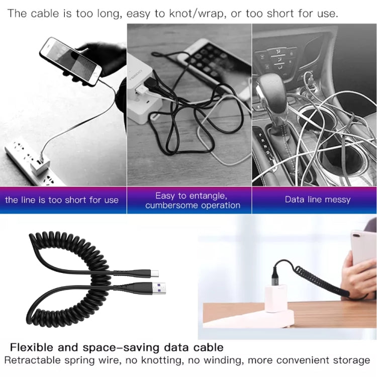 Cáp sạc dữ liệu điện thoại co giãn lò xo dài 1.5m, USB sang 8 Pin, USB sang Type-C, USB sang Micro USB
