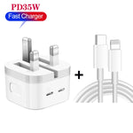 Bộ sạc PD 35W hai cổng USB-C / Type-C với cáp dữ liệu Type-C sang 8 Pin, phích cắm UK, phích cắm UK + cáp 8 Pin dài 1m, phích cắm UK + cáp 8 Pin dài 1,5m, phích cắm UK + cáp 8 Pin dài 2m