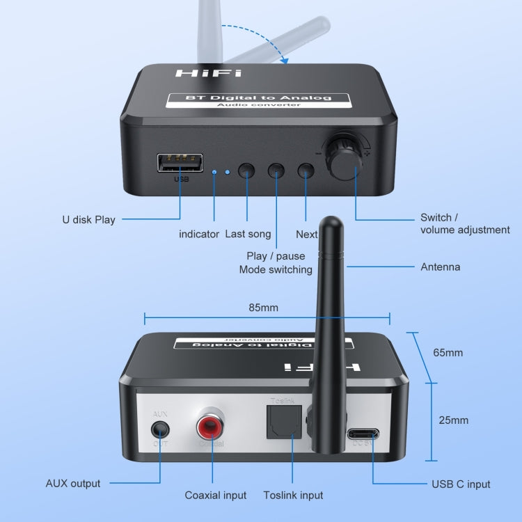 Bộ thu âm nhạc Bluetooth 5.2 B35S chuyển đổi kỹ thuật số sang analog hỗ trợ U-disk, cáp quang, cáp đồng trục, B35S