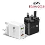 Sạc nhanh đa cổng USB 45W PD3.0 + 2 x QC3.0, phích cắm UK, phích cắm UK