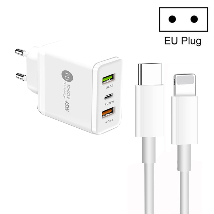 Sạc đa cổng USB 45W PD3.0 + 2 x QC3.0 kèm cáp Type-C sang 8 Pin, phích cắm EU, phích cắm EU + cáp Type-C sang 8 Pin