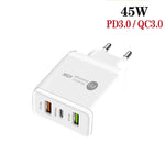 Sạc đa cổng USB 45W PD3.0 + 2 x QC3.0 kèm cáp Type-C sang 8 Pin, phích cắm EU, phích cắm EU + cáp Type-C sang 8 Pin