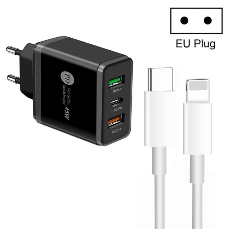 Sạc đa cổng USB 45W PD3.0 + 2 x QC3.0 kèm cáp Type-C sang 8 Pin, phích cắm EU, phích cắm EU + cáp Type-C sang 8 Pin