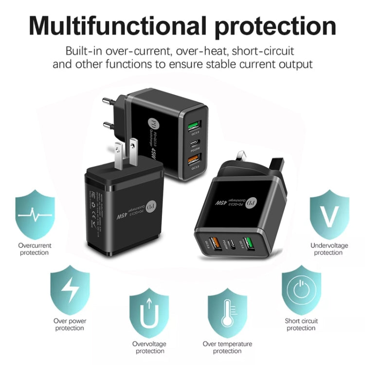 Sạc đa cổng USB 45W PD3.0 + 2 x QC3.0 kèm cáp Type-C sang 8 Pin, phích cắm EU, phích cắm EU + cáp Type-C sang 8 Pin