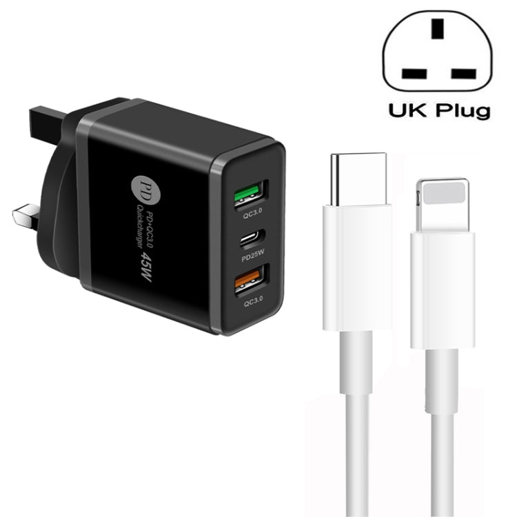 Sạc đa cổng USB 45W PD3.0 + 2 x QC3.0 kèm cáp Type-C sang 8 Pin, phích cắm UK, phích cắm UK + cáp Type-C sang 8 Pin