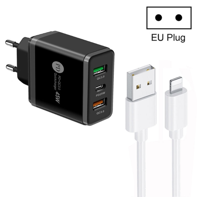 Sạc đa cổng USB 45W PD25W + 2 x QC3.0 kèm cáp USB sang 8 Pin, phích cắm EU, phích cắm EU + cáp USB sang 8 Pin