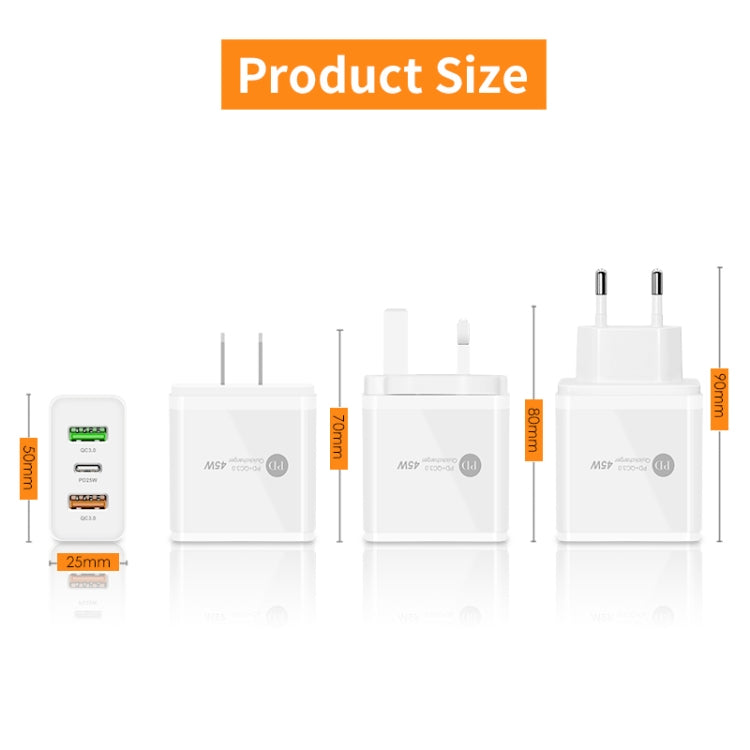 Sạc đa cổng USB 45W PD25W + 2 x QC3.0 kèm cáp USB sang 8 Pin, phích cắm EU, phích cắm EU + cáp USB sang 8 Pin