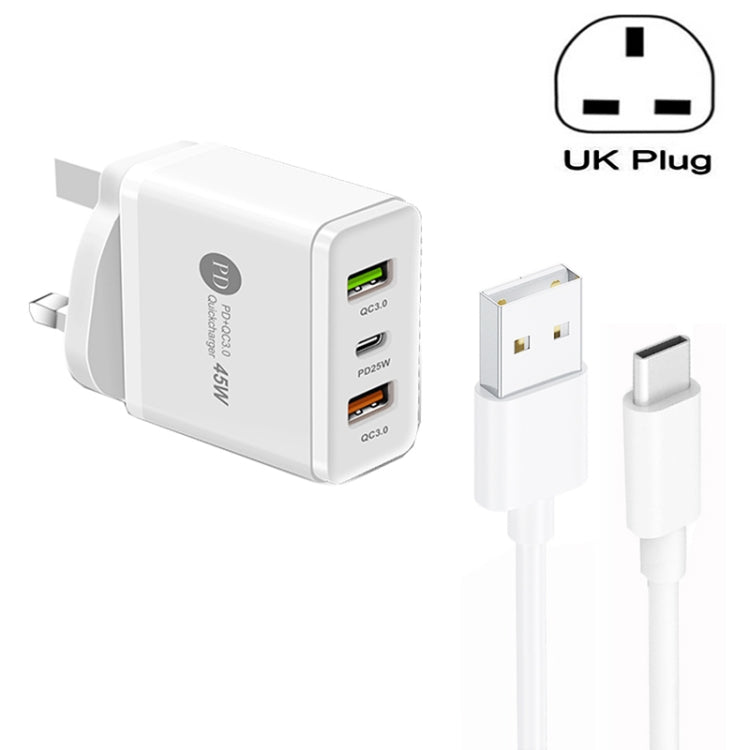 Bộ sạc đa cổng USB 45W PD25W + 2 x QC3.0 kèm cáp USB to Type-C, phích cắm UK, phích cắm UK + cáp USB to Type-C