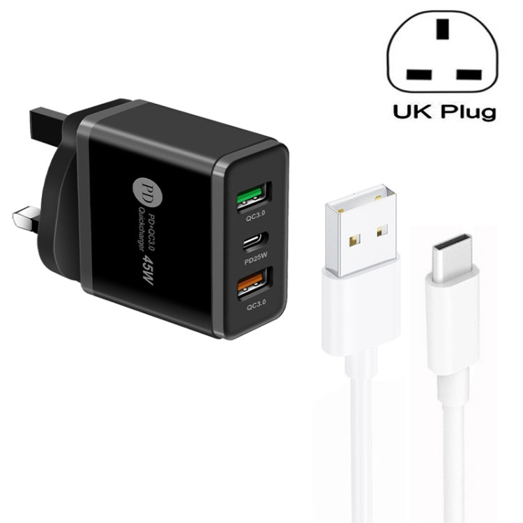 Bộ sạc đa cổng USB 45W PD25W + 2 x QC3.0 kèm cáp USB to Type-C, phích cắm UK, phích cắm UK + cáp USB to Type-C