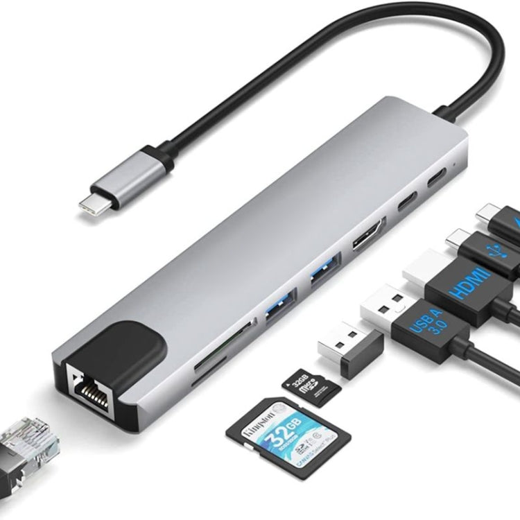 Hub đa cổng USB-C / Type-C 8 trong 1 DS-20808 với HDMI 4K, USB 3.0, đầu đọc thẻ SD/TF, cổng USB C cho MacBook Pro/Air và các thiết bị Type C khác, 8 trong 1