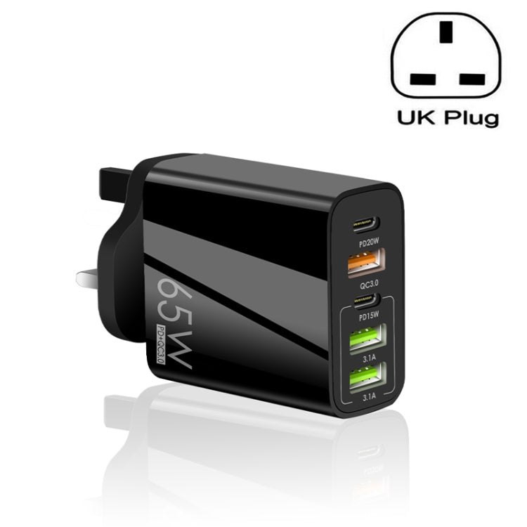 Sạc đa cổng 65W Dual PD Type-C + 3 x USB cho điện thoại và máy tính bảng, phích cắm UK, phích cắm UK