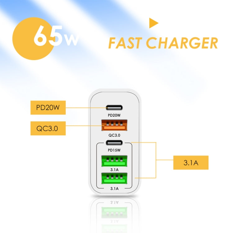 Sạc đa cổng 65W Dual PD Type-C + 3 x USB cho điện thoại và máy tính bảng, phích cắm UK, phích cắm UK