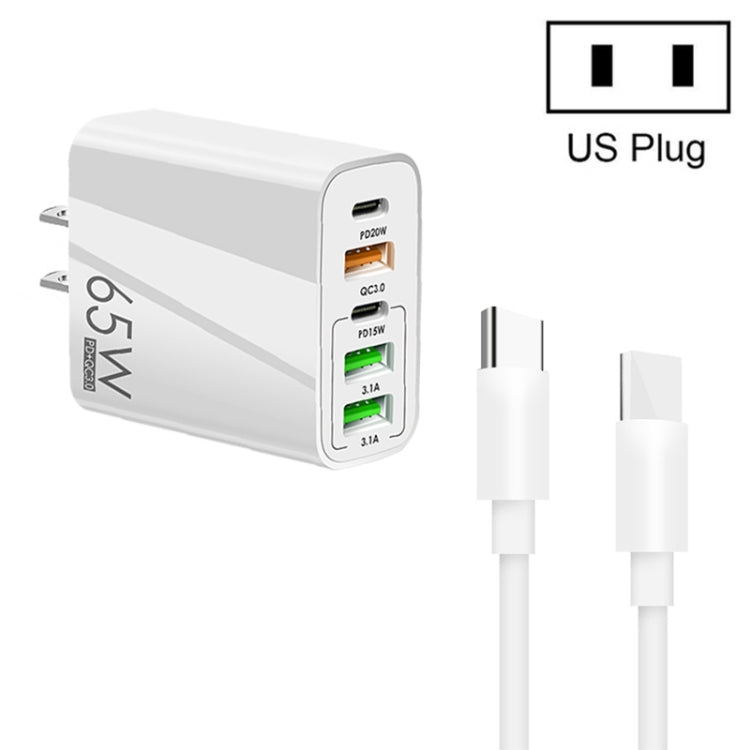 Sạc đa cổng 65W Dual PD Type-C + 3 x USB kèm cáp dữ liệu Type-C to Type-C 3A, phích cắm US, phích cắm US + cáp Type-C to Type-C