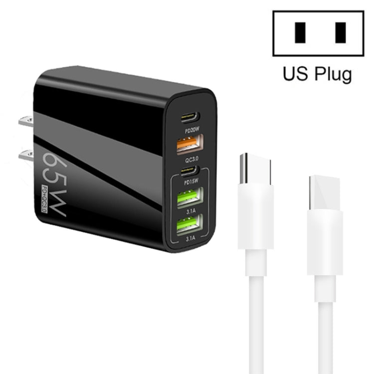 Sạc đa cổng 65W Dual PD Type-C + 3 x USB kèm cáp dữ liệu Type-C to Type-C 3A, phích cắm US, phích cắm US + cáp Type-C to Type-C