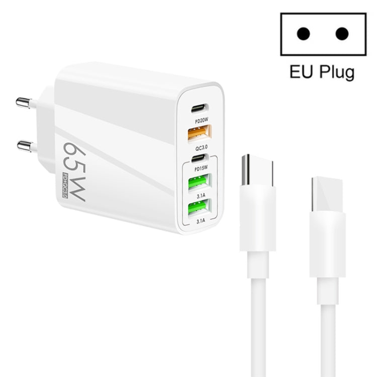 Bộ sạc đa cổng 65W Dual PD Type-C + 3 x USB kèm cáp dữ liệu Type-C to Type-C 3A, phích cắm US, phích cắm EU + cáp Type-C to Type-C
