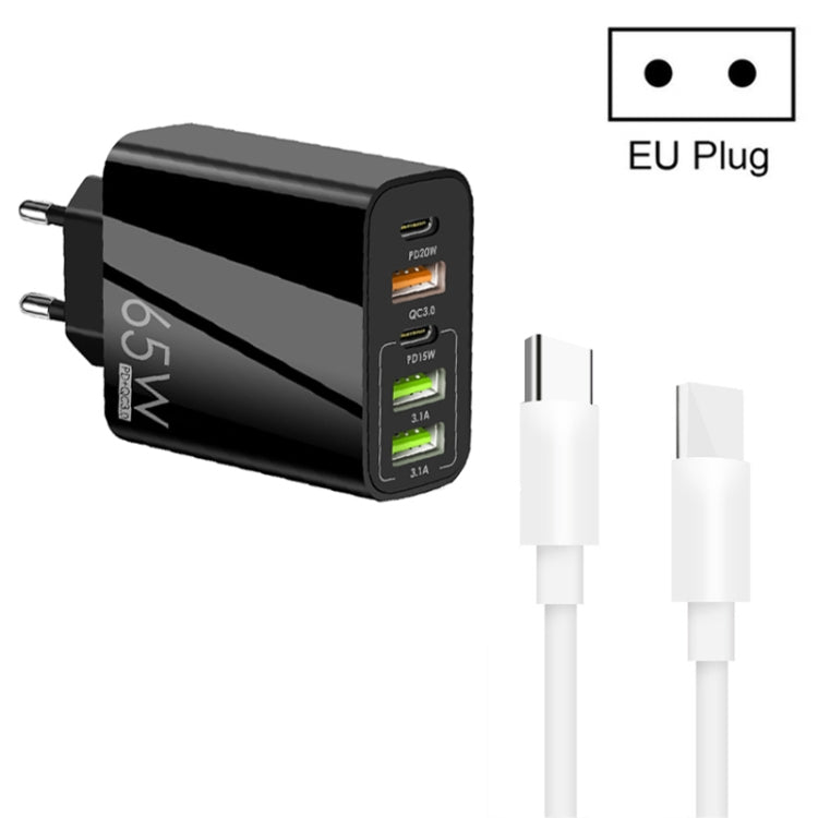 Bộ sạc đa cổng 65W Dual PD Type-C + 3 x USB kèm cáp dữ liệu Type-C to Type-C 3A, phích cắm US, phích cắm EU + cáp Type-C to Type-C