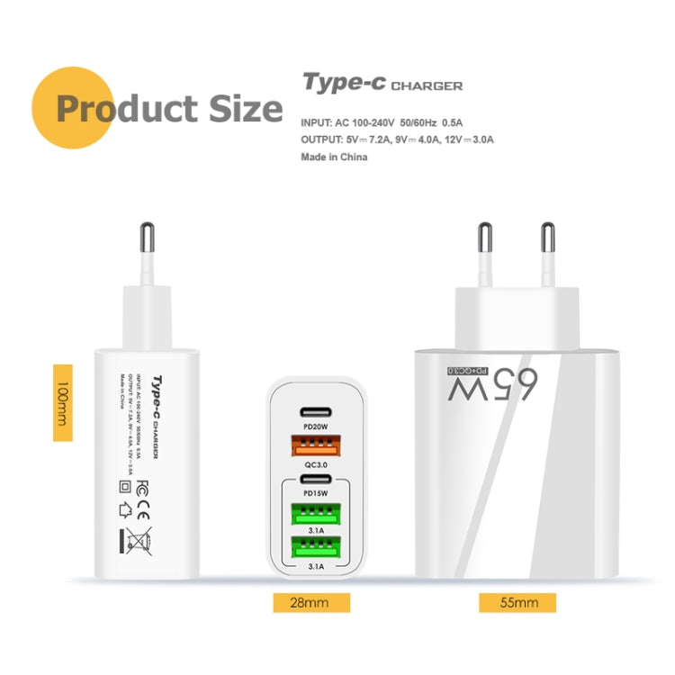 Bộ sạc đa cổng 65W Dual PD Type-C + 3 x USB kèm cáp dữ liệu Type-C to Type-C 3A, phích cắm US, phích cắm EU + cáp Type-C to Type-C
