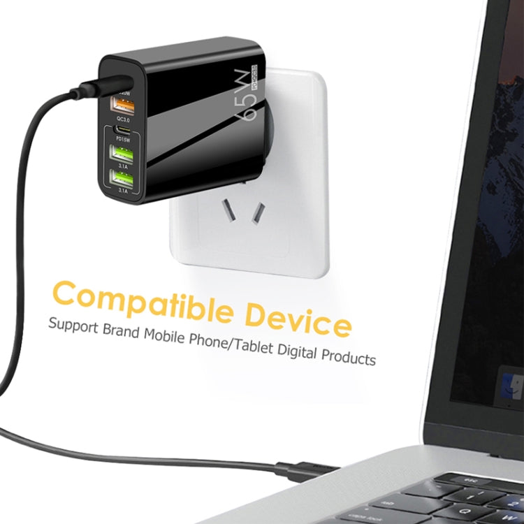 65W Dual PD Type-C + 3 x USB Multi Port Charger with 3A Type-C to Type-C Data Cable, UK Plug, UK Plug + Type-C to Type-C Cable