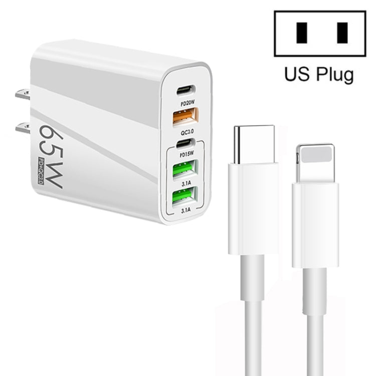 Sạc đa cổng 65W Dual PD Type-C + 3 x USB kèm cáp dữ liệu 3A Type-C sang 8 Pin, phích cắm US, phích cắm US + cáp Type-C sang 8 Pin