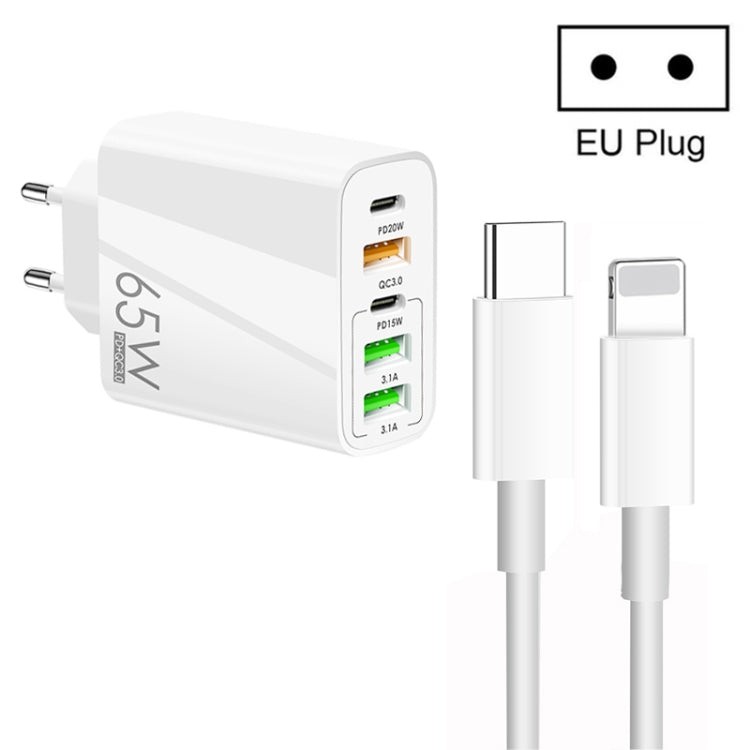 Sạc đa cổng 65W Dual PD Type-C + 3 x USB kèm cáp dữ liệu 3A Type-C sang 8 Pin, phích cắm EU, phích cắm EU + cáp Type-C sang 8 Pin